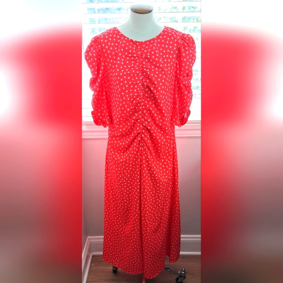 Kate Spade New York Spring Time Dot Ruched Midi Ponderosa Red Dress Sz 14 NWT